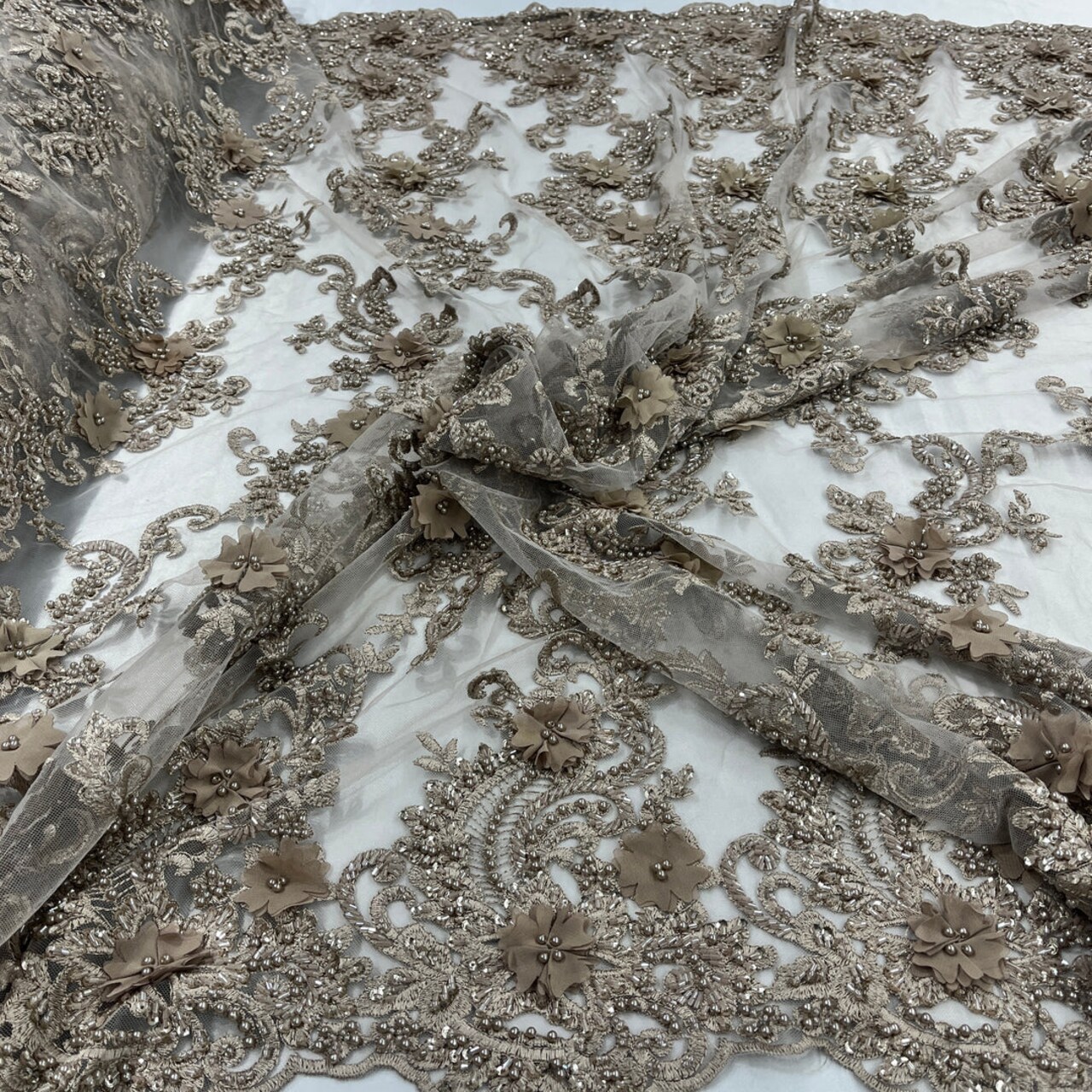 1 Yard Sage 3D Beaded Floral Embroidered Lace Fabric on Polyester Mesh, 52” Wide